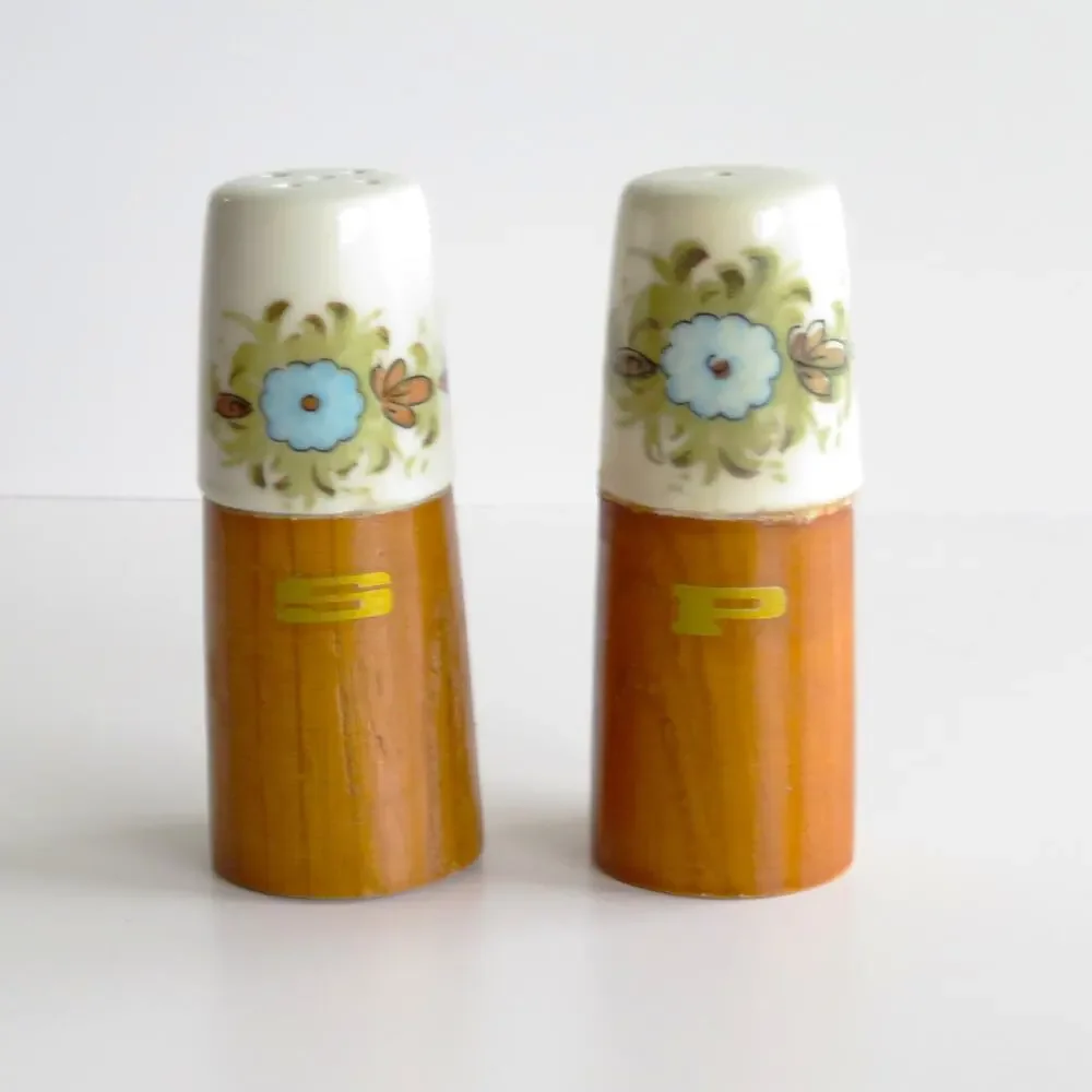 Vintage 6 Pc Salad Set Japan Wood Ceramic Kresge Oil Vinegar Salt Pepper MCM